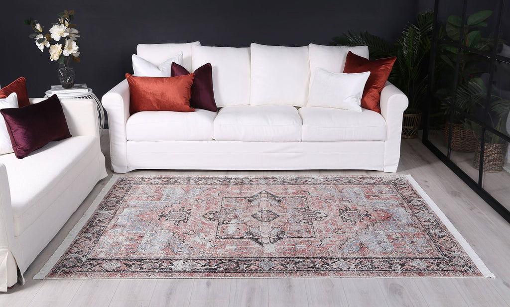 Annabel Distressed Vintage Terracotta & Sky Blue Rug - VITAL 2664-07 (with fringe)