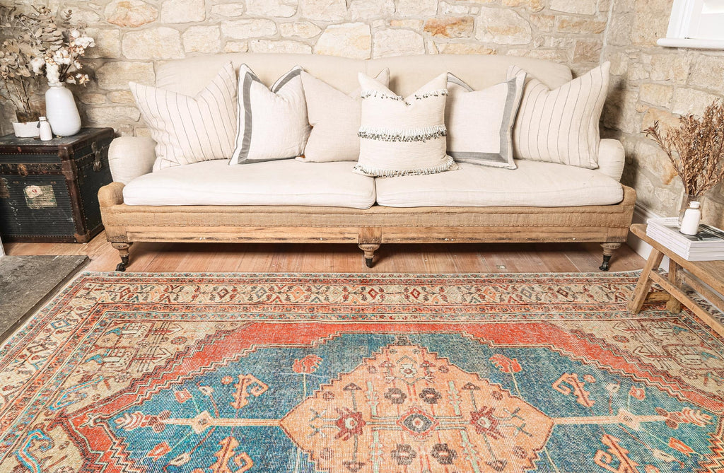 Distressed Louvre Rustic Blue Washable Rug - VITAL 3181-00