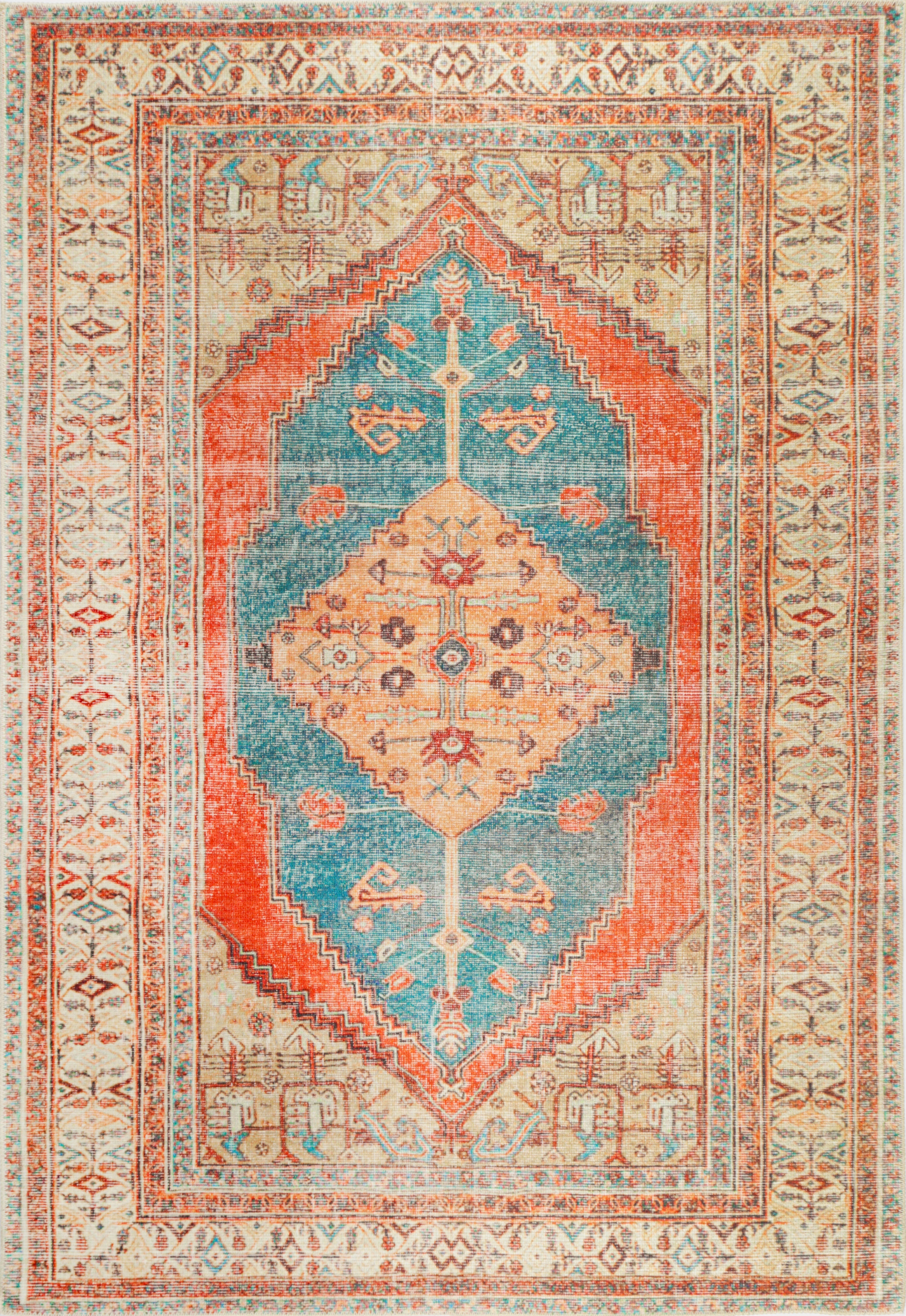 Distressed Louvre Rustic Blue Washable Rug - VITAL 3181-00