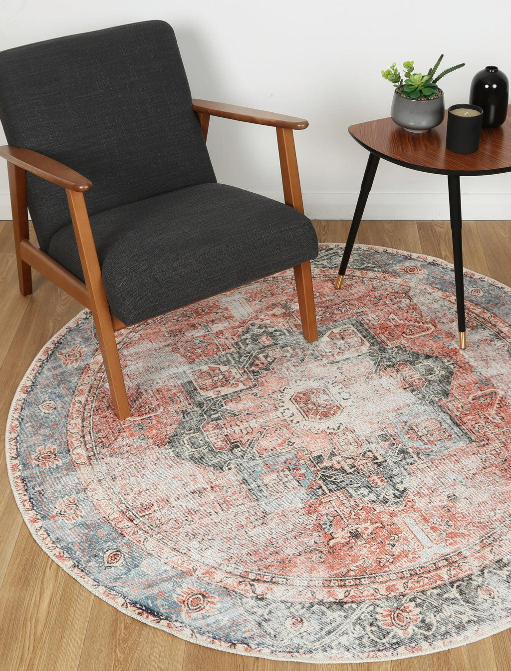 Distressed Vintage Cezanne Terracotta Blue Washable Round Rug - VITAL 1610-01