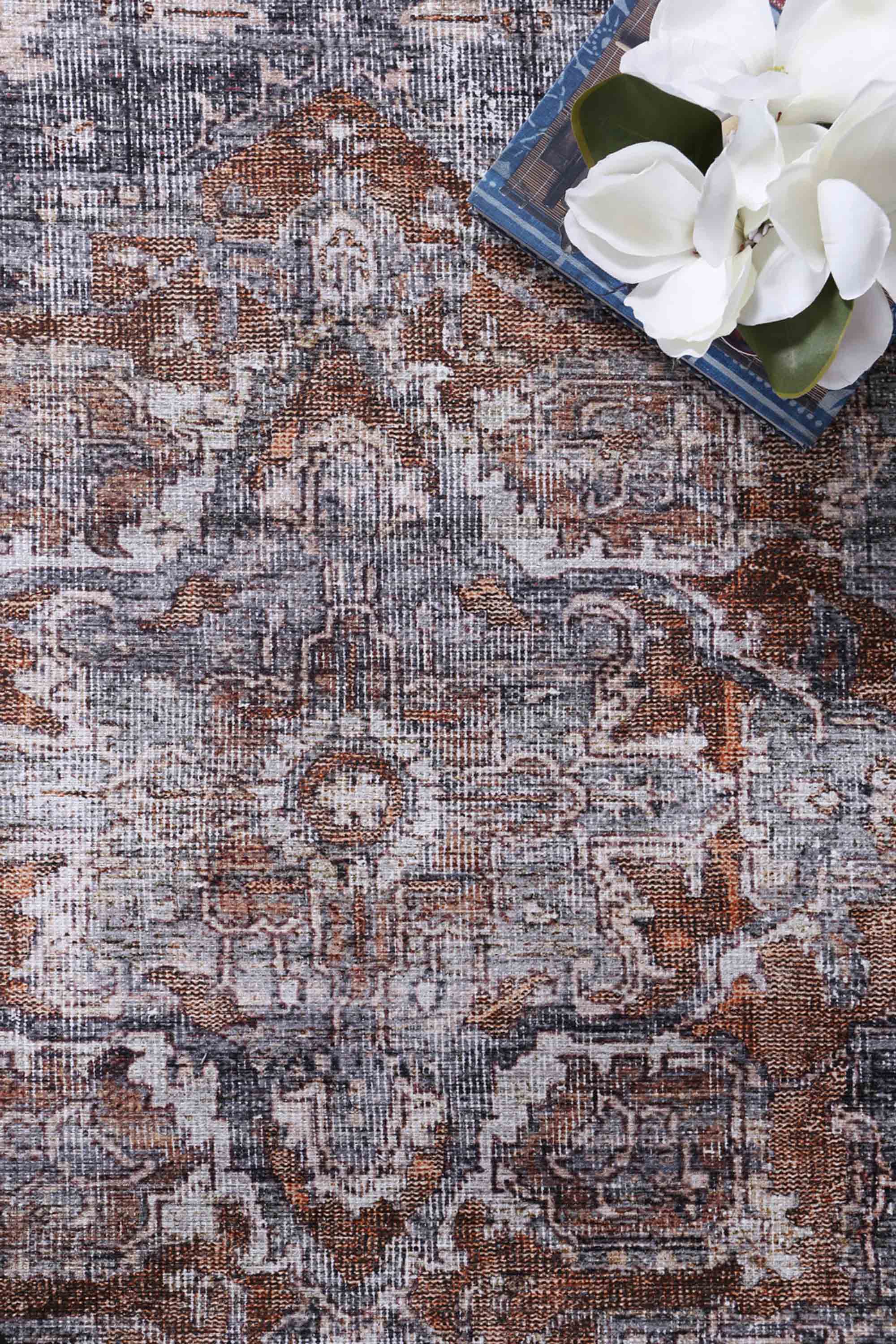 Distressed Vintage Cezanne Rabbit Gray Inca Gold Area Rug - VITAL 2244-04 (with fringe)