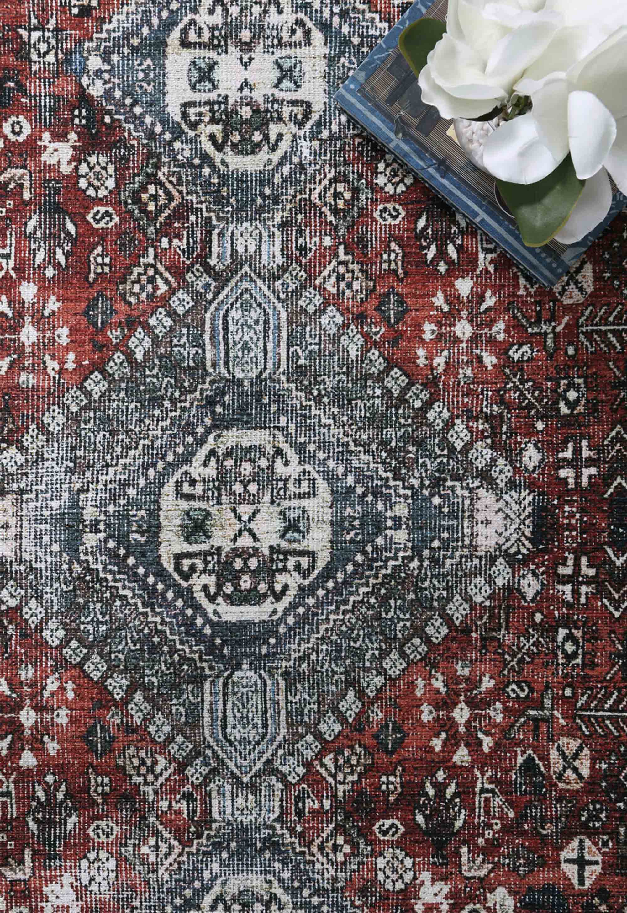 Loane Distressed Vintage Ruby & Sky Blue Rug - VITAL 2923-00 (with fringe)